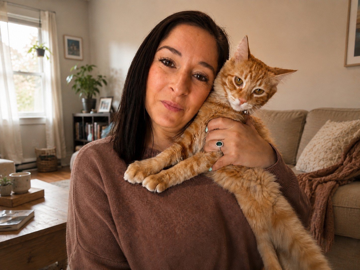 Michelle at home with her cat