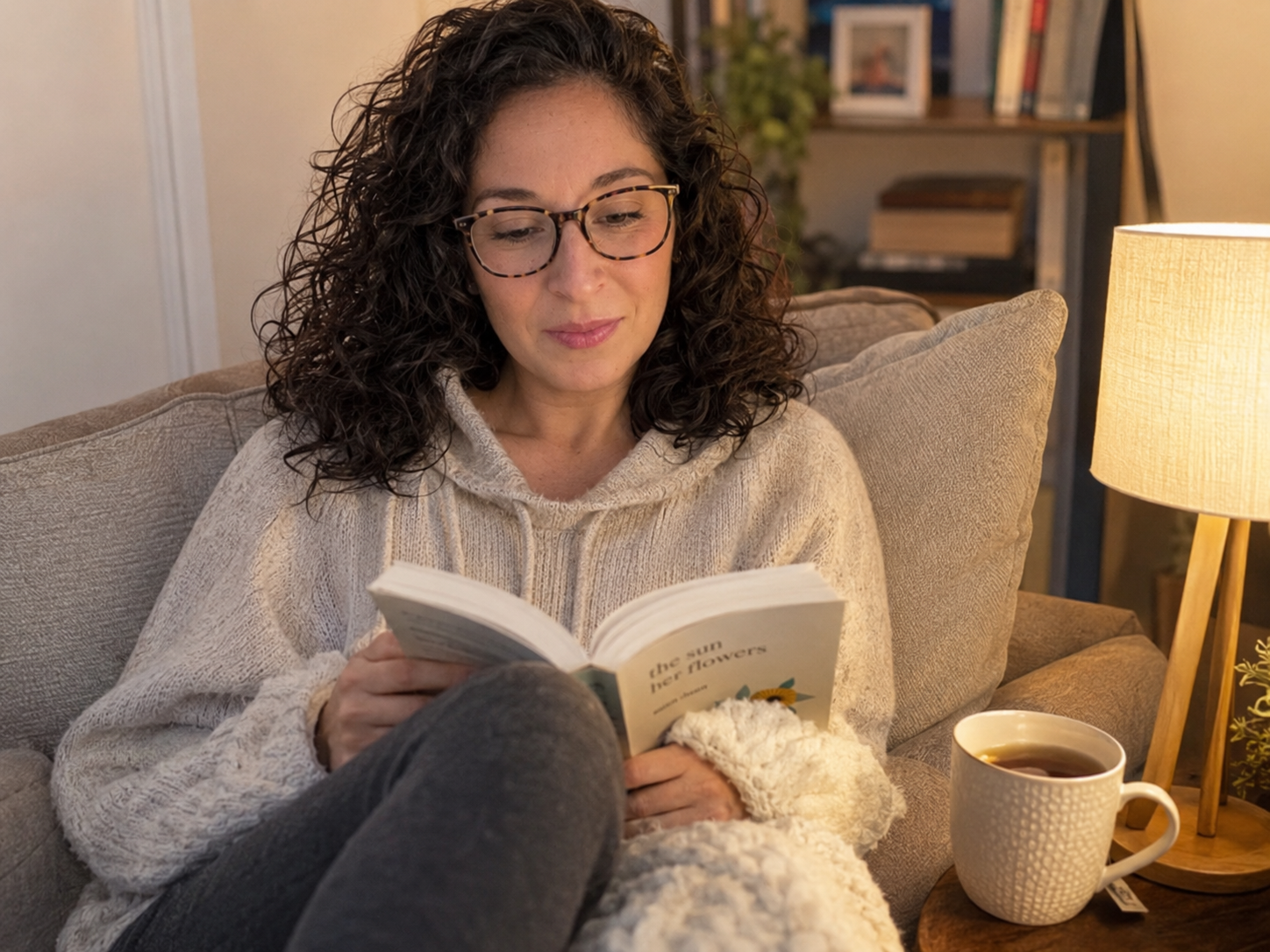 Michelle reading with tea